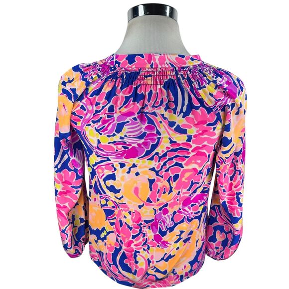 Lilly Pulitzer Elsa Silk Blouse Top Women's 2XS XXS Catch and Release Pink Blue - Picture 5 of 10